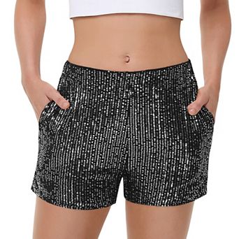 Women's Sequin Shorts Elastic Waist Sparkly Party Bottoms with Pockets