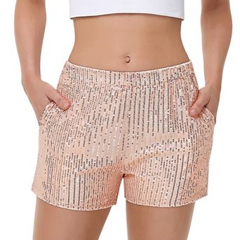 Women's Sequin Shorts Elastic Waist Sparkly Party Bottoms with Pockets