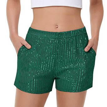 Women's Sequin Shorts Elastic Waist Sparkly Party Bottoms with Pockets