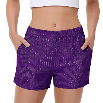 Women's Sequin Shorts Elastic Waist Sparkly Party Bottoms with Pockets