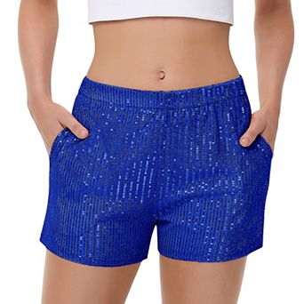 Women's Sequin Shorts Elastic Waist Sparkly Party Bottoms with Pockets