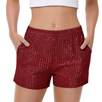 Women's Sequin Shorts Elastic Waist Sparkly Party Bottoms with Pockets