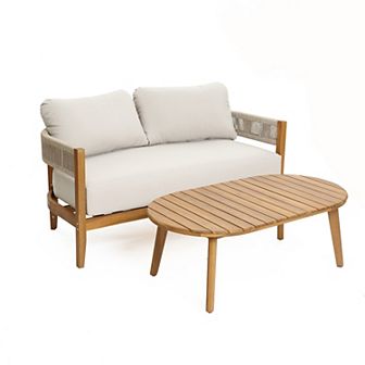 LuxenHome Outdoor Acacia Wood with Rope Sides Club Loveseat with Cushions and Coffee Table