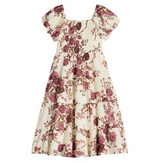 Girls 7-16 Poppies & Roses Bubble Sleeve Smocked Bodice Midi Dress