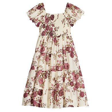 Girls 7-16 Poppies & Roses Bubble Sleeve Smocked Bodice Midi Dress