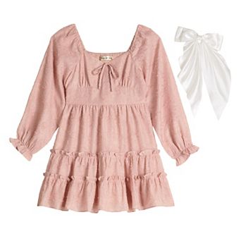 Girls 7-16 Poppies & Roses Triple Tier Long Sleeve Dress With Bow Clip