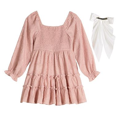 Girls 7-16 Poppies & Roses Triple Tier Long Sleeve Dress With Bow Clip