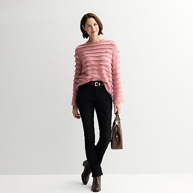 Women's Chelsea & Theodore Long Sleeve Wide Neck Ruffle Detail Sweater