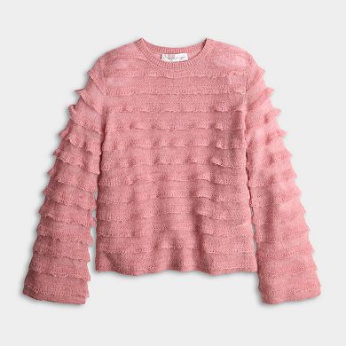 Women's Chelsea & Theodore Long Sleeve Wide Neck Ruffle Detail Sweater