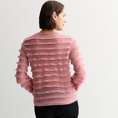 Women's Chelsea & Theodore Long Sleeve Wide Neck Ruffle Detail Sweater