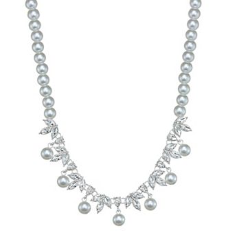You're Invited Silver Tone Crystal Simulated Pearl Floral Necklace