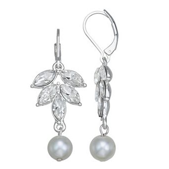 You're Invited Silver Tone Crystal Simulated Pearl Drop Earrings