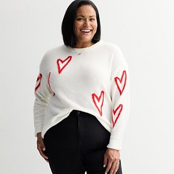 Plus Size Chelsea & Theodore Long Sleeve Crew Neck Sweater With Hearts