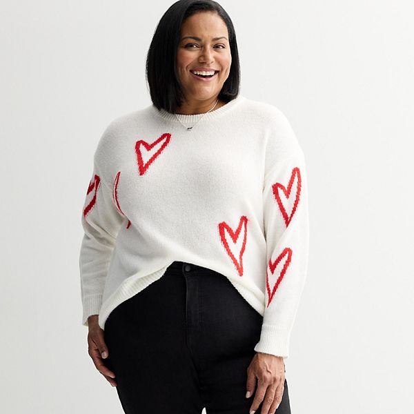 Plus Size Chelsea & Theodore Long Sleeve Crew Neck Sweater With Hearts