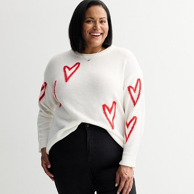 Plus Size Chelsea & Theodore Long Sleeve Crew Neck Sweater With Hearts