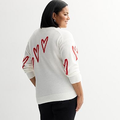Plus Size Chelsea & Theodore Long Sleeve Crew Neck Sweater With Hearts