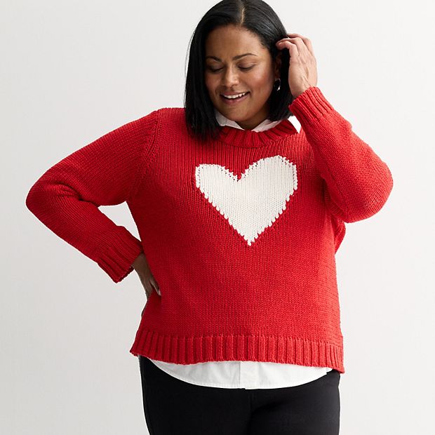 Plus Size Chelsea & Theodore Long Sleeve Crew Neck Heart Sweater