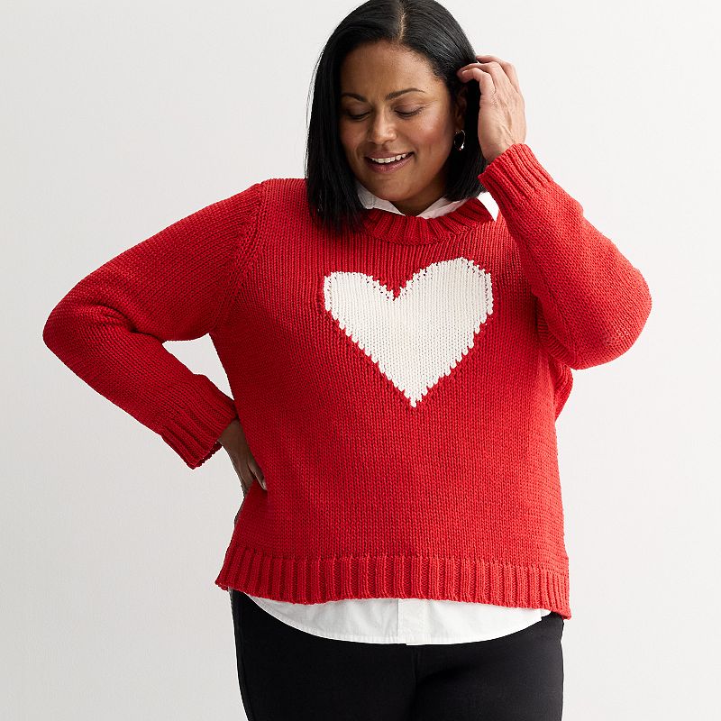 Plus Size Chelsea & Theodore Long Sleeve Crew Neck Heart Sweater