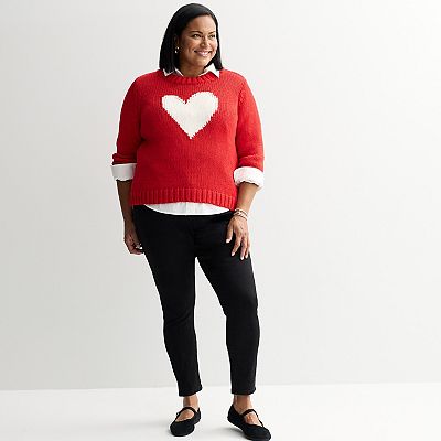 Plus Size Chelsea & Theodore Long Sleeve Crew Neck Heart Sweater
