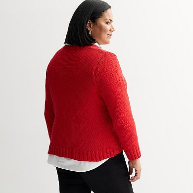 Plus Size Chelsea & Theodore Long Sleeve Crew Neck Heart Sweater