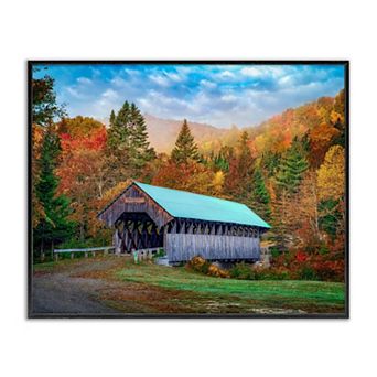 Stupell Home Decor Woodland Covered Bridge Mountain Framed Giclee Wall Art
