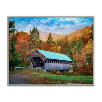 Stupell Home Decor Woodland Covered Bridge Mountain Framed Giclee Wall Art
