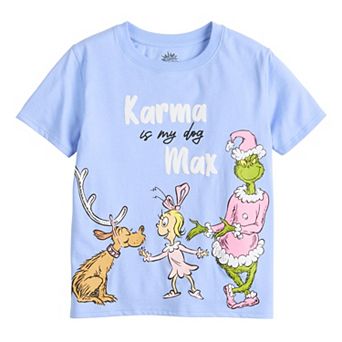 Juniors' Dr. Seuss' The Grinch, Max, & Cindy Lou "Karma Is My Dog Max" Graphic Tee