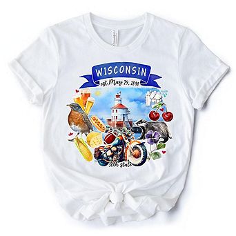 Artistic Wisconsin State Themes and Landmarks T-Shirt, Tee for History and Travel Lovers