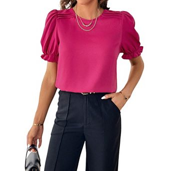 Womens Lantern Short Sleeve T Shirts Ruffle Plain Crewneck Tunic Tops Dressy Summer Shirts