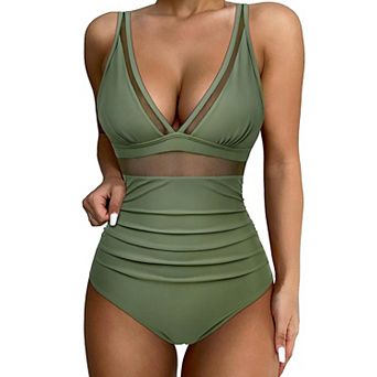 Women's Tummy Control Swimsuits Mesh Charming One piece Bathing Suits Slimming V neck Swimwear