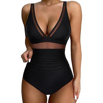 Women's Tummy Control Swimsuits Mesh Charming One piece Bathing Suits Slimming V neck Swimwear