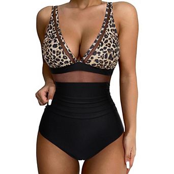Women's Tummy Control Swimsuits Mesh Charming One piece Bathing Suits Slimming V neck Swimwear