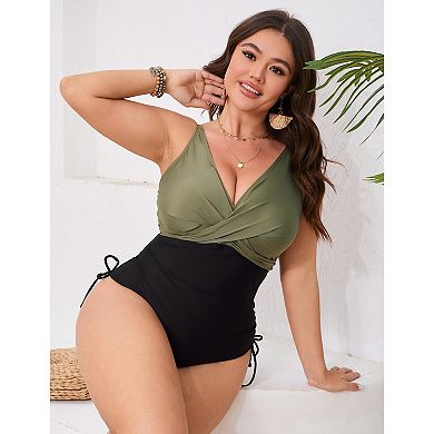 Plus Size Women's Swimwear Drawstring V Neck Colorblock One-Piece Swimsuit