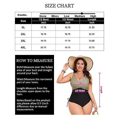 Plus Size Women's Swimwear Drawstring V Neck Colorblock One-Piece Swimsuit
