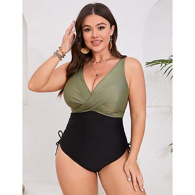 Plus Size Women's Swimwear Drawstring V Neck Colorblock One-Piece Swimsuit