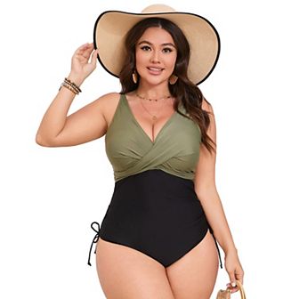 Plus Size Women's Swimwear Drawstring V Neck Colorblock One-Piece Swimsuit