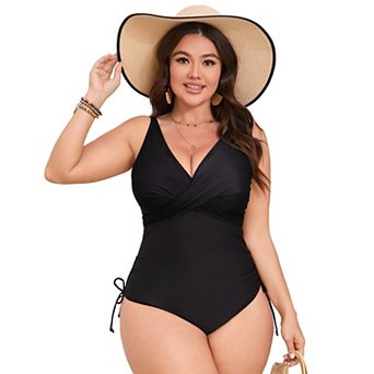 Plus Size Women's Swimwear Drawstring V Neck Colorblock One-Piece Swimsuit
