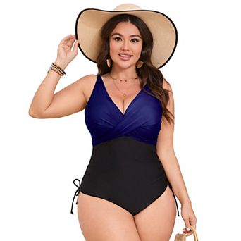 Plus Size Women's Swimwear Drawstring V Neck Colorblock One-Piece Swimsuit
