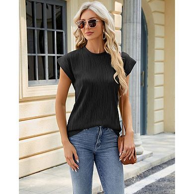Womens Summer Tops Textured Crewneck Short Sleeve Loose Trendy Basic Tee Business Shirt Blouses