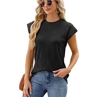 Womens Summer Tops Textured Crewneck Short Sleeve Loose Trendy Basic Tee Business Shirt Blouses