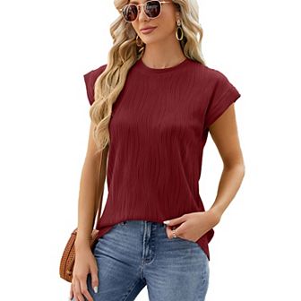 Womens Summer Tops Textured Crewneck Short Sleeve Loose Trendy Basic Tee Business Shirt Blouses
