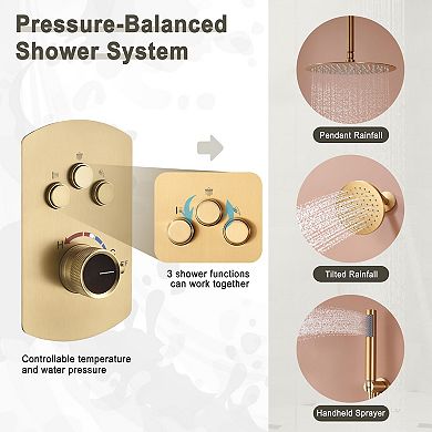 Pressure Balanced 3-Spray 12 in. Dual Shower Head Ceiling Mount Fixed and Handheld Shower Head