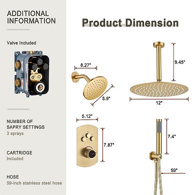 Pressure Balanced 3-Spray 12 in. Dual Shower Head Ceiling Mount Fixed and Handheld Shower Head