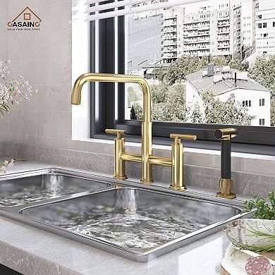 Sleek 2-Handle Bridge Kitchen Faucet with Pull-Out Side Sprayer