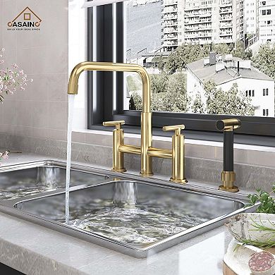 Sleek 2-Handle Bridge Kitchen Faucet with Pull-Out Side Sprayer