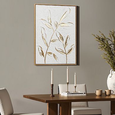 LuxenHome White with Gold Flower Canvas Framed Wall Decor