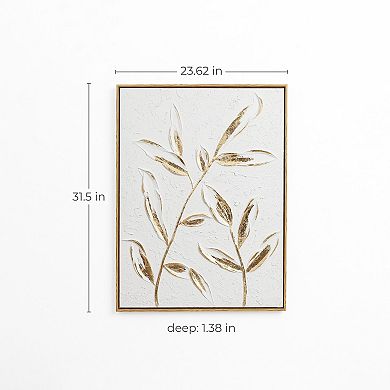 LuxenHome White with Gold Flower Canvas Framed Wall Decor