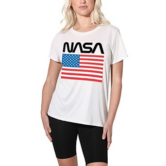 Juniors' NASA Logo with Flag Loose Fit Graphic Tee