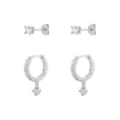 PRIMROSE 14k Gold Over Brass Cubic Zirconia Stud & Hoop Earrings Duo Set