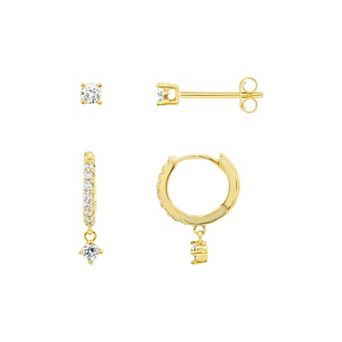PRIMROSE 14k Gold Over Brass Cubic Zirconia Stud & Hoop Earrings Duo Set